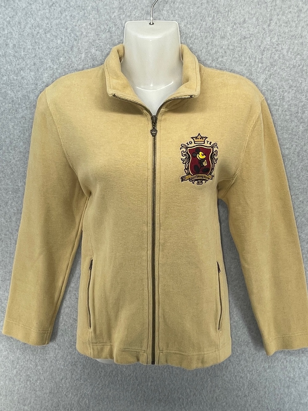Vintage Walt Disney World Yellow Zip-Up Sweatshirt, Embroidered Patch Size Small